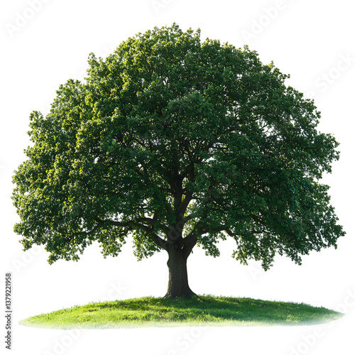 A Healthy Tall Oak Tree with Broad Canopy on Green Hill Isolated on Transparent Background