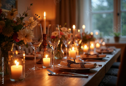Elegant candlelit dinner setting with floral arrangements  