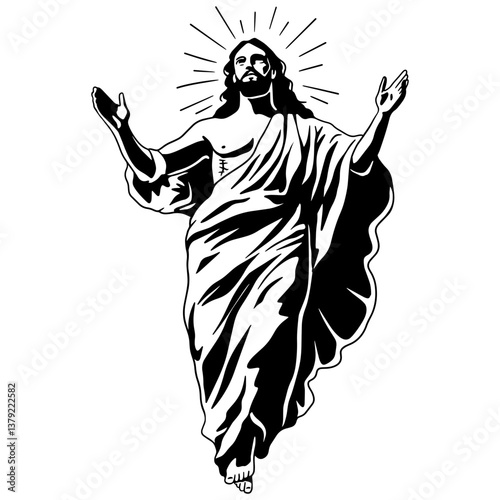 Embrace the ascension day of jesus christ with this powerful biblical vector illustration, witness the iconic image of jesus christ raising his hands in divine glory