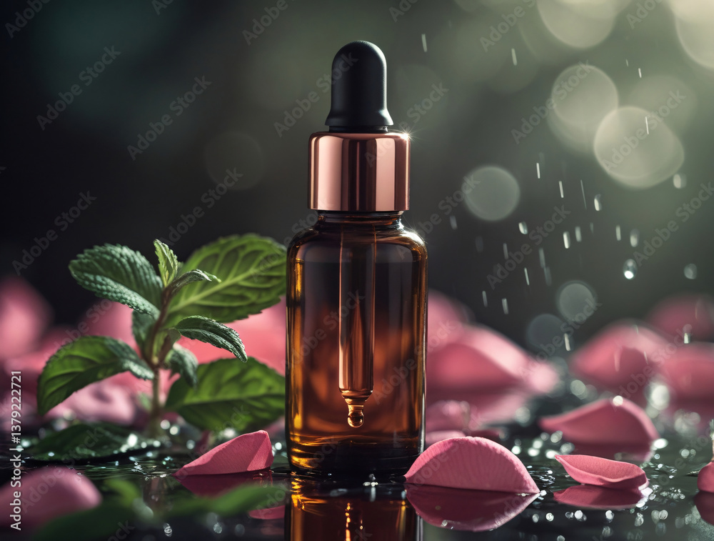 A brown dropper bottle with rose petals and mint leaves on a dark background. A brown dropper bottle with rose petals and mint leaves on a dark background.