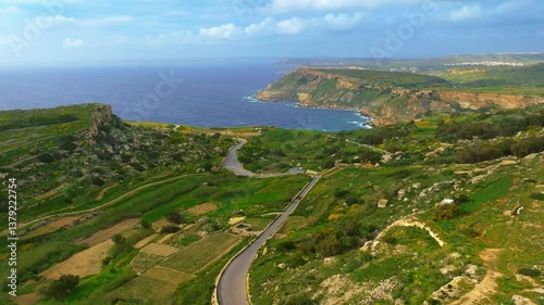 Drone day view of green hills and fields, sea. Nature landscape of  Maltese island