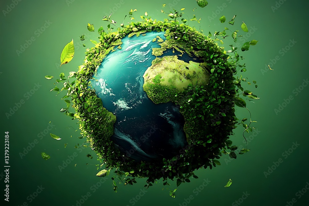 Globe Coated with Greenery and Blue Waters Floating on Green Background Globe Coated with Greenery and Blue Waters Floating on Green Background