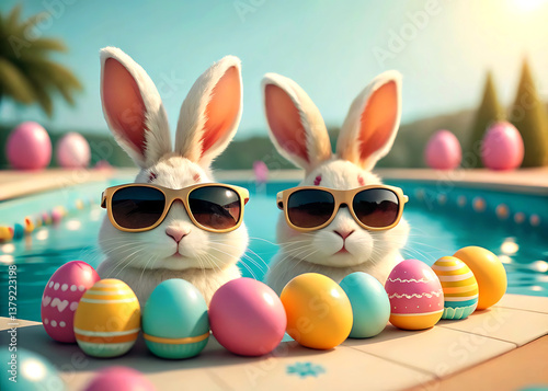 Cool Easter bunnies with sunglasses enjoying sunny pool party and colorful eggs.