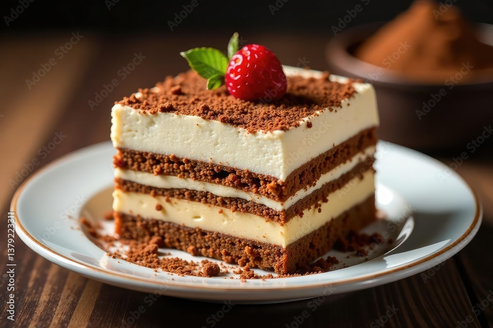 Individual tiramisu portion; layers visible, dusted cocoa , chocolate, single serving, baked goods Individual tiramisu portion; layers visible, dusted cocoa , chocolate, single serving, baked goods