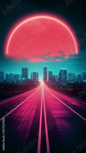 An animated push towards a retrowave city at night.