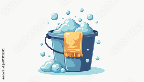 Cleaning bucket with soap bubbles and towel in a minimalist style  