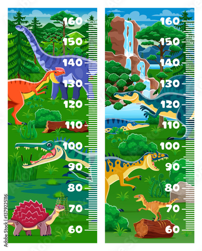 Kids height chart ruler with funny dinosaurs and cartoon Jurassic lizards, vector background. Kids height chart or baby growth measure ruler with prehistoric dinosaurs and lizards in jungle forest