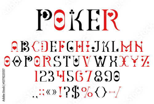 Casino card suit font, poker game typeface, gambling type, vegas english alphabet vector typography. Casino poker game play card font letters and numbers with black red hearts, diamonds, clubs, spades