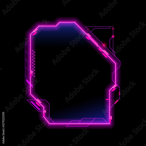 Computer game futuristic neon HUD design frame. Mobile arcade futuristic neon HUD design frame, videogame vector electronic led light UI border. SCI FI game digital interface violet overlay banner