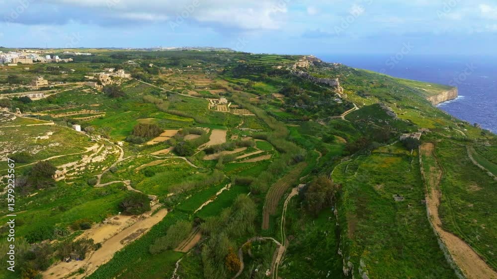 Drone day view of green hills and fields, sea. Nature landscape of Maltese Drone day view of green hills and fields, sea. Nature landscape of Maltese