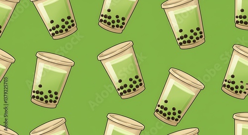 Matcha Boba Tea Pattern Delightful Green Illustration AI Generated