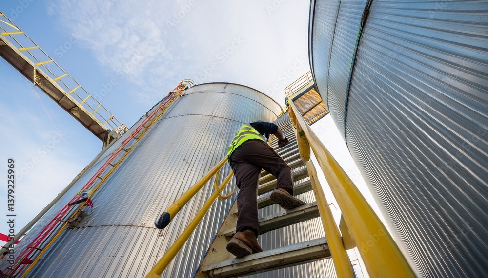 Naklejka premium a worker ascending a metal industrial storage tank's external staircase, showing industrial equipment and the blue sky