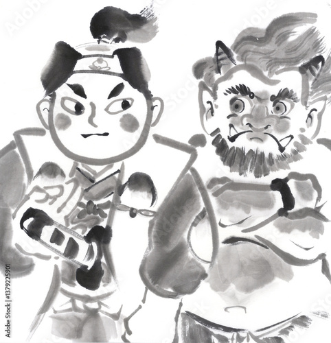 正面向きの桃太郎と鬼 水墨画