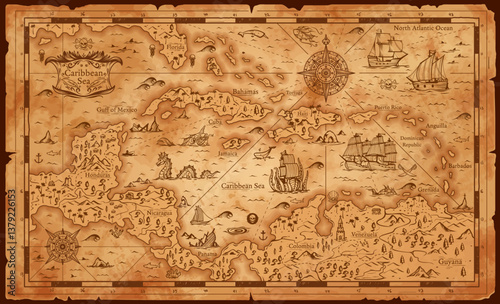 Old antique vintage map of Caribbean sea with islands and ships, vector parchment scroll. Caribbean sea old vintage map of seafarer navigation with pirate ship wrecks, kraken and rose of winds compass