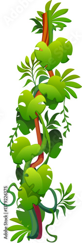 Vertical tropical jungle rain forest liana vine branch. Cartoon vector leaves and hanging roots. Amazon rainforest flora, tree plant thicket, forest climbing green foliage, spinney, tropic nature