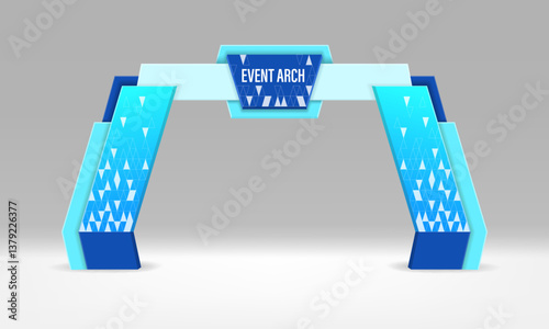 Event arch gate entrance, realistic 3d vector modern exhibition gateway. Blue architectural arc with geometric patterns and central signage area. Entry for conferences, exhibitions or corporate events