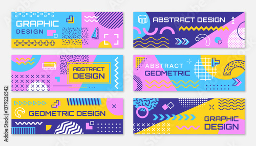 Modern banners with abstract geometric memphis shapes pattern. Vector horizontal banners with trendy line art graphic shapes background. Color circles, squares and triangles memphis patterns set