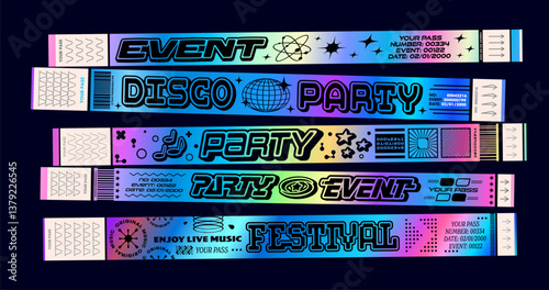 Holographic y2k event disco party bracelet, club pass, festival ticket. Realistic 3d vector retro futuristic wristbands for concerts, nightclubs, and entertainment events. Stylish vip access templates