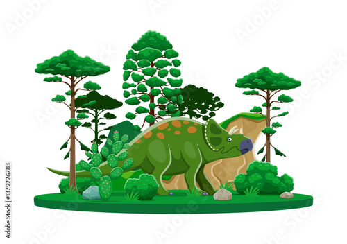 Avaceratops cartoon prehistoric dinosaur character. Isolated vector herbivore friendly dino at lush landscape with cacti, rocks, trees and foliage. Ancient reptile animal at Late Cretaceous era scene