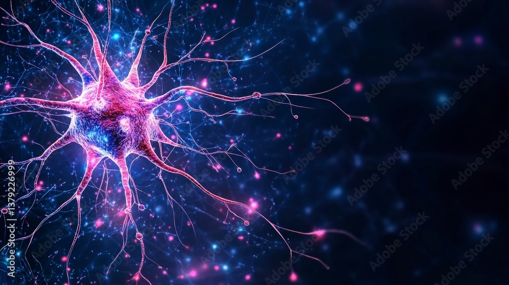 Fototapeta premium Neural network with glowing connections illustrating brain activity and complexity against a dark background.