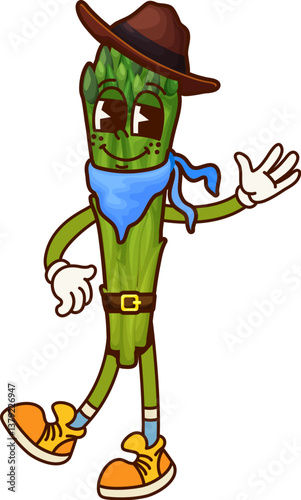 Cartoon asparagus groovy cowboy, sheriff and bandit vegetable character. Isolated vector healthy food personage in western hat and scarf. Brave vitamin veg defender ready for feat on the Wild West