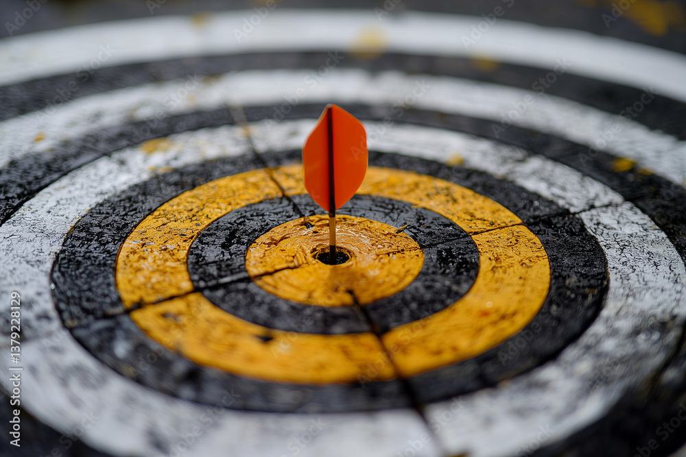 Close Up View of a Dart in the Bullseye of a Target with Orange and Yellow Highlights Close Up View of a Dart in the Bullseye of a Target with Orange and Yellow Highlights