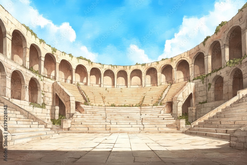 Obraz premium Magnificent depiction of an ancient amphitheater with tiered seating and arches under an open sky