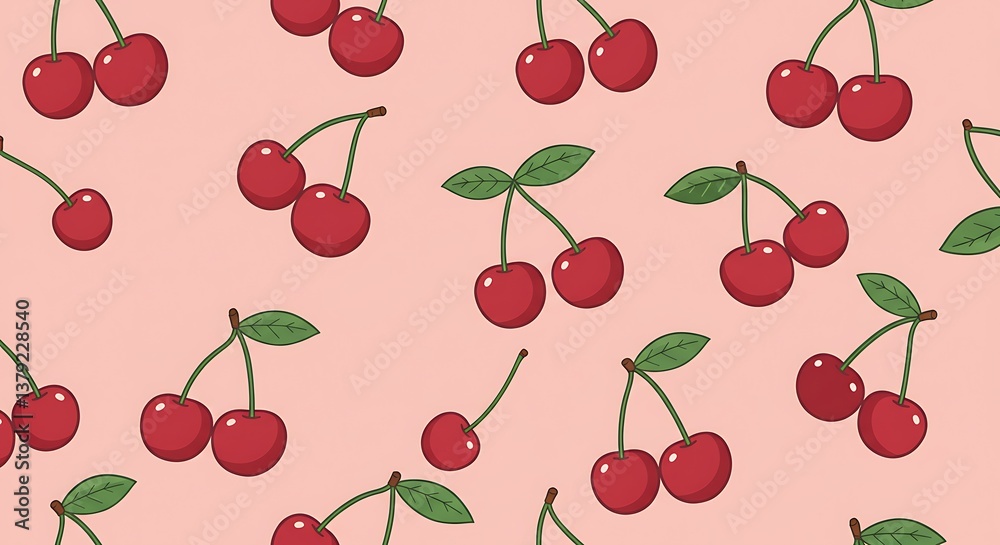 Sweet Cherry Blossom Pattern Pink Background Illustration AI Generated