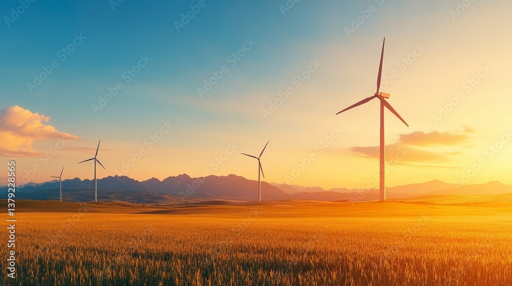 Obraz premium Wind turbines in a golden field at sunset, symbolizing renewable energy and sustainability.