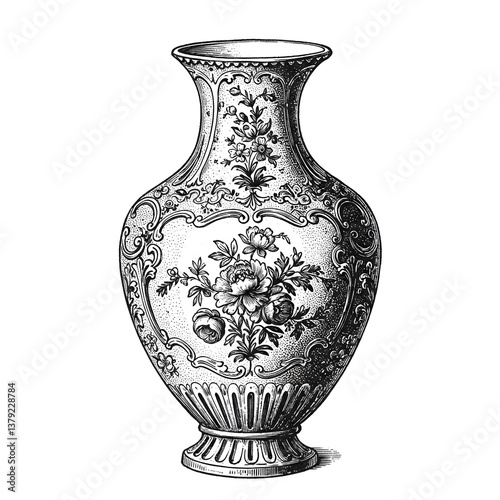 Black and white vintage engraving of an ornate floral vase, antique decorative pottery against a white background