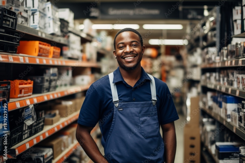 Portrait of happy African American salesman standing in appliance showroom Portrait of happy African American salesman standing in appliance showroom