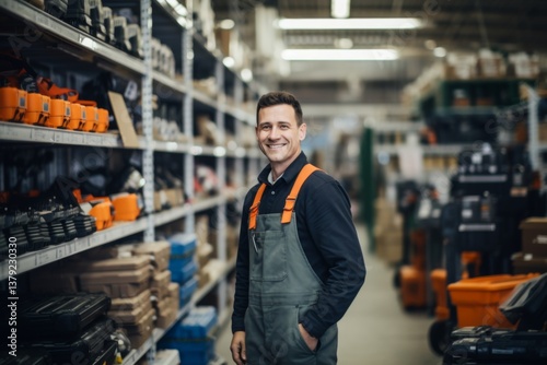 Portrait of happy salesman standing at hardware store