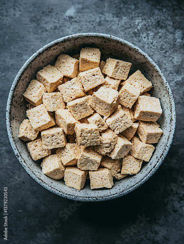 A bowl filled with evenly cubed light-brown tofu sits on a textured dark gray surface captured in a high-angle shot.