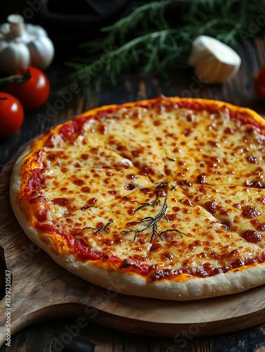 A delicious cheesy pizza is displayed on a wooden board surrounded by fresh tomatoes garlic and rosemary.