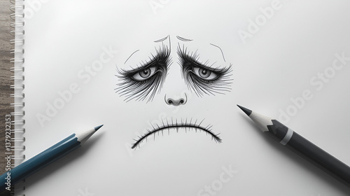 Hand drawn pencil sad face on white paper as illustration of depression, unhappy negative emotions