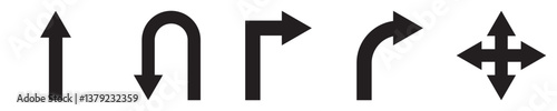 Go Straight, U turn, This Way, Black Arrow Sign Direction Icon Set. Vector Image.