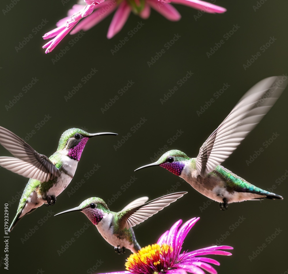 Fototapeta premium A hummingbird flies by a bright flower, its feathers catching the sunlight in a brilliant dance of colors. Generated AI