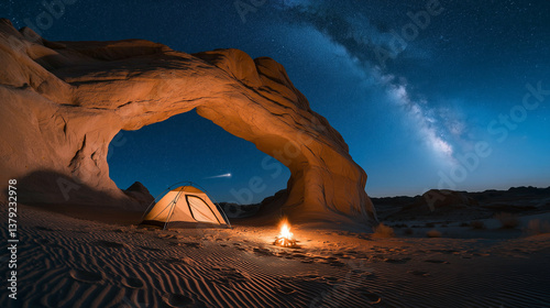Desert camping : A lone tent under an arching rock formation, bonfire illuminating rippled sand dunes, a shooting star streaking across the deep blue sky