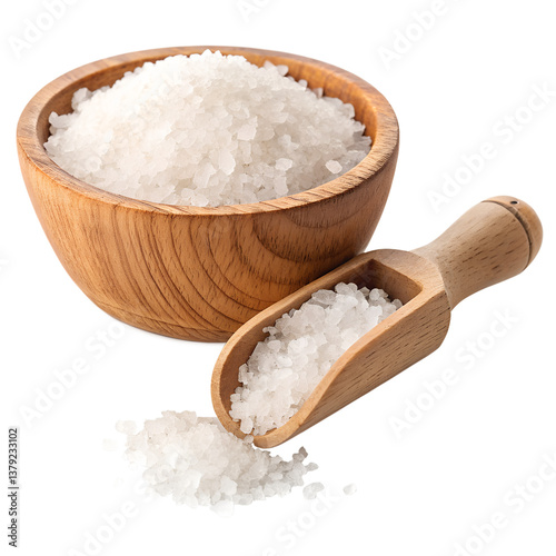 Sea salt in wooden bowl with scoop on transparent background photo