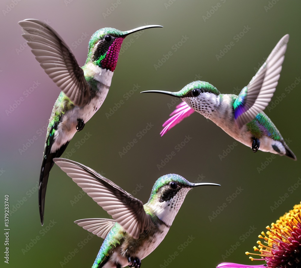 Fototapeta premium A hummingbird flies by a bright flower, its feathers catching the sunlight in a brilliant dance of colors. Generated AI