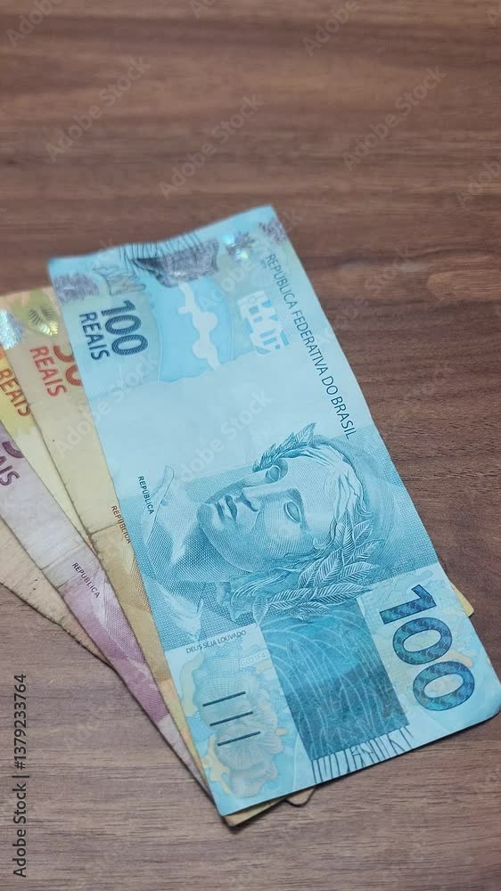 Mãos masculinas pegando parte de um dinheiro brasileiro recebido