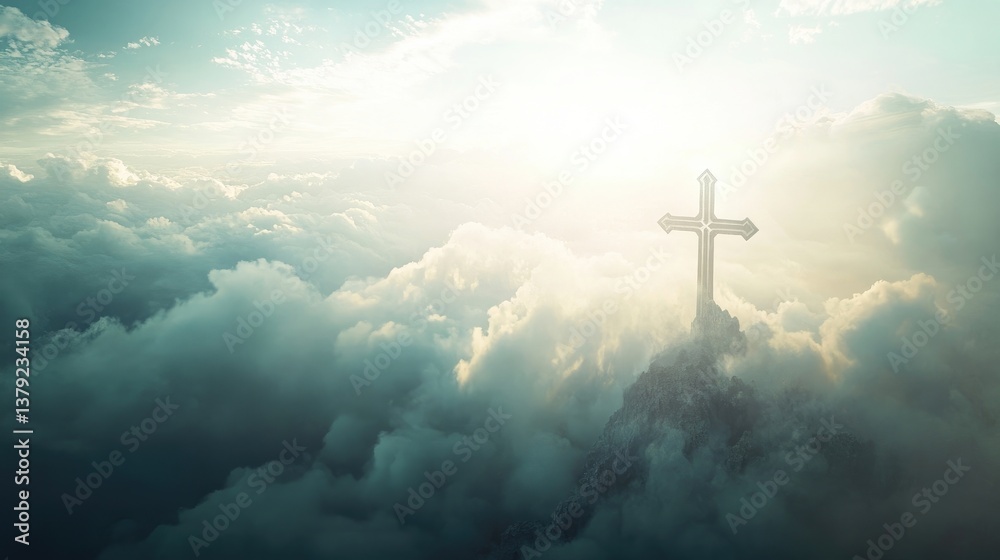 A serene depiction of a cross bathed in soft sunlight against a cloudy sky A serene depiction of a cross bathed in soft sunlight against a cloudy sky