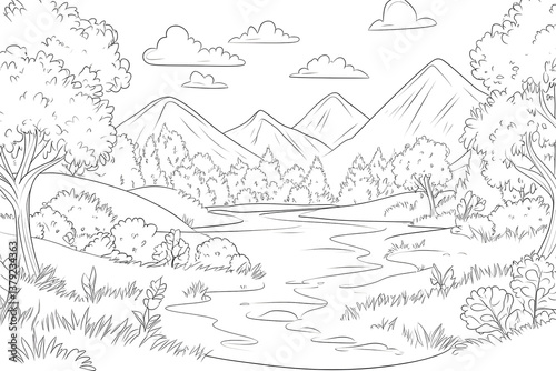 Coloring River Landscape with Mountains