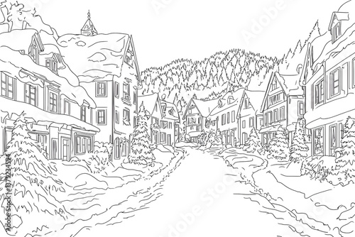 Color Snowy Village Winter Scene Coloring Page