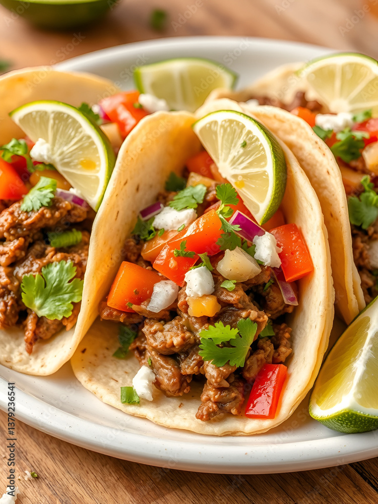 Delicious beef tacos topped with fresh vegetables and lime slices for a flavorful meal. transparent background Delicious beef tacos topped with fresh vegetables and lime slices for a flavorful meal. transparent background