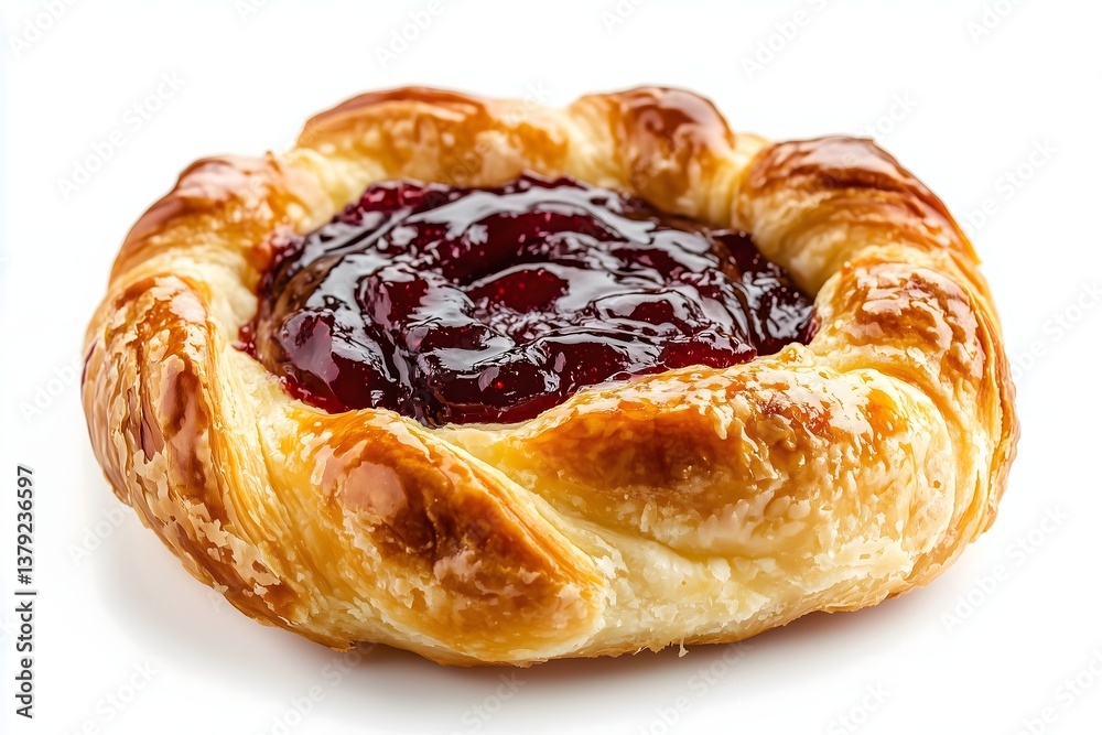 Fototapeta premium A close-up of a puff pastry with jam in the middle on a white background
