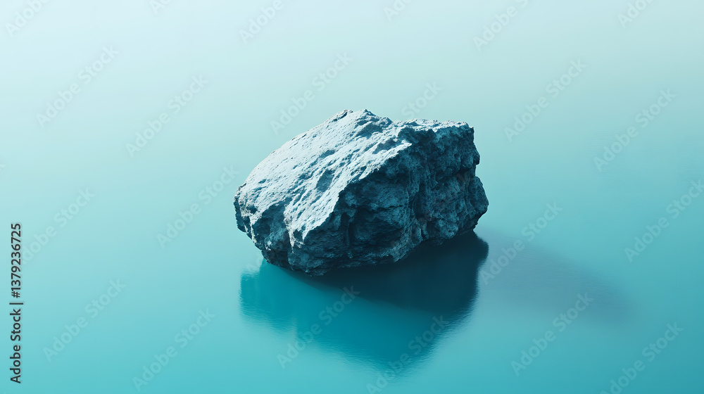 Naklejka premium Aerial Top-Down View of Lone Rock Formation in Still Turquoise Sea with Minimalist Composition