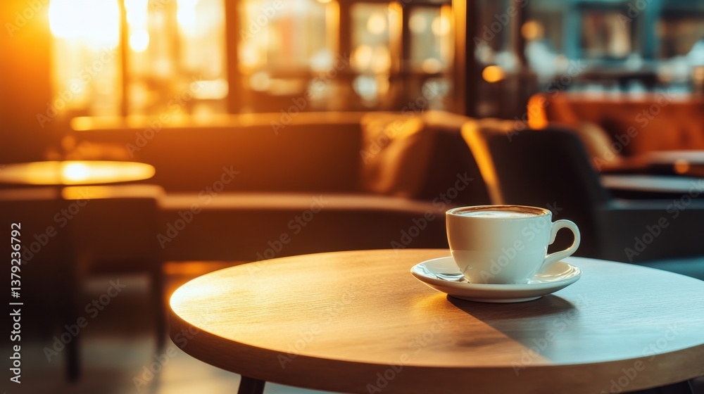 A stylish round table with a coffee cup, modern interior, and morning glow enhancing the cozy mood. A stylish round table with a coffee cup, modern interior, and morning glow enhancing the cozy mood.