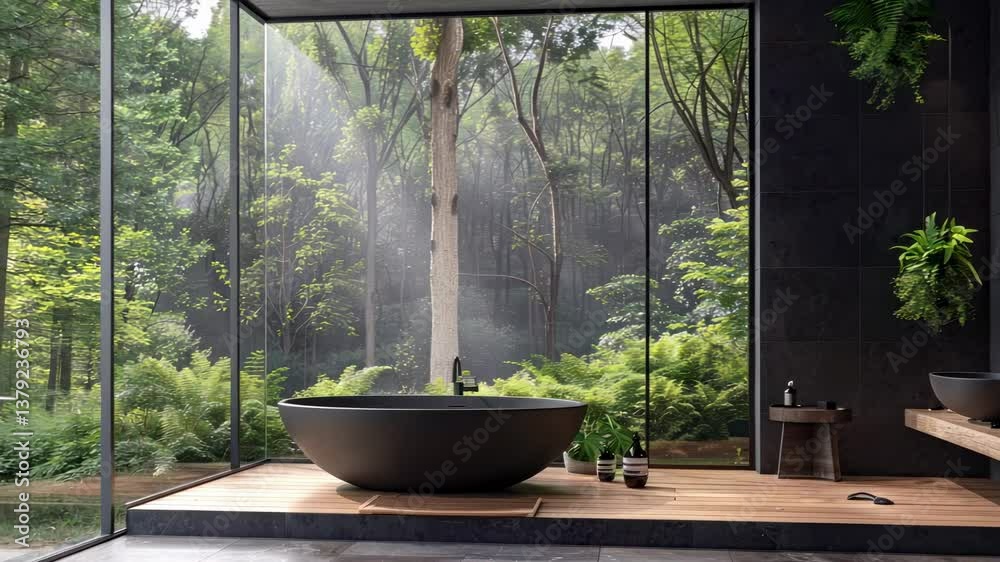 Luxurious bathroom with a forest view, featuring a black tub and plants. Wide-angle shot captures nature's tranquility, ideal for a calming video scene. Luxurious bathroom with a forest view, featuring a black tub and plants. Wide-angle shot captures nature's tranquility, ideal for a calming video scene.