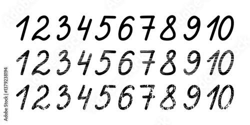 Set of black handwritten numbers: 1,2,3,4,5,6,7,8,9,10. Vector illustration of alphabet signs with with textured spots for math design, kids themes, texts, poster printing.